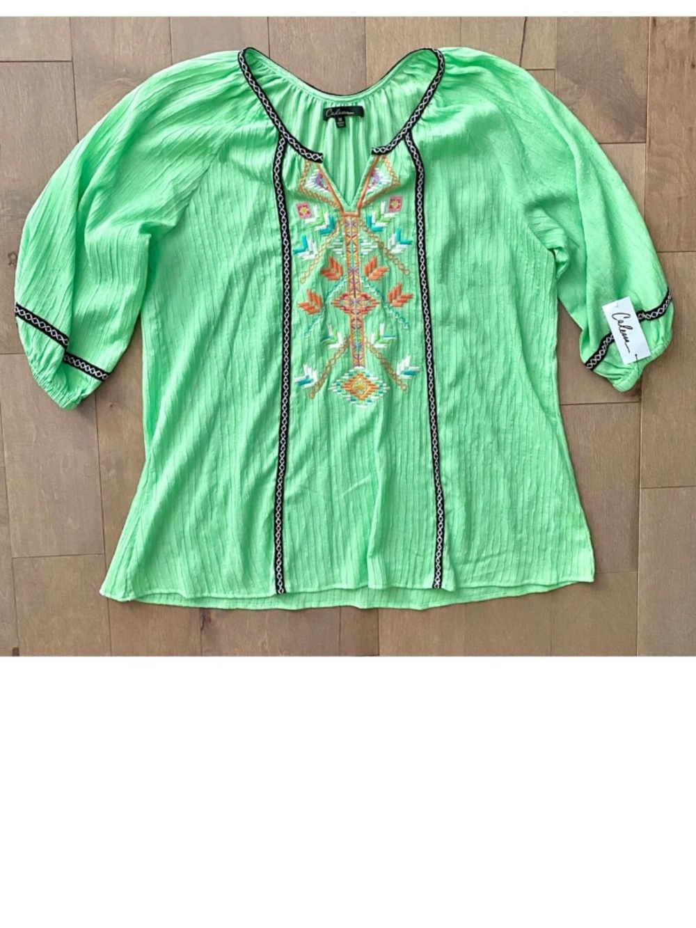 Calessa Nwt Embroidered Split Round Neck 3/4 Sleeve Contrasting Trim Blouse 1X